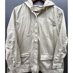 Women Jacket L Beige Utility Full Zip Pockets Hood 100% Cotton Coat Casual